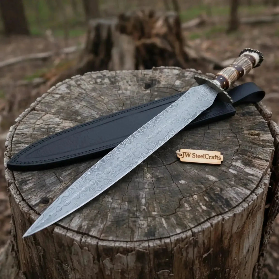 Damascus Steel Roman Gladius Short Sword Double Edge Damascus Steel Knife With Stag Horn Handle Decorative Knife With A Black Sheath On A Wooden Stump
