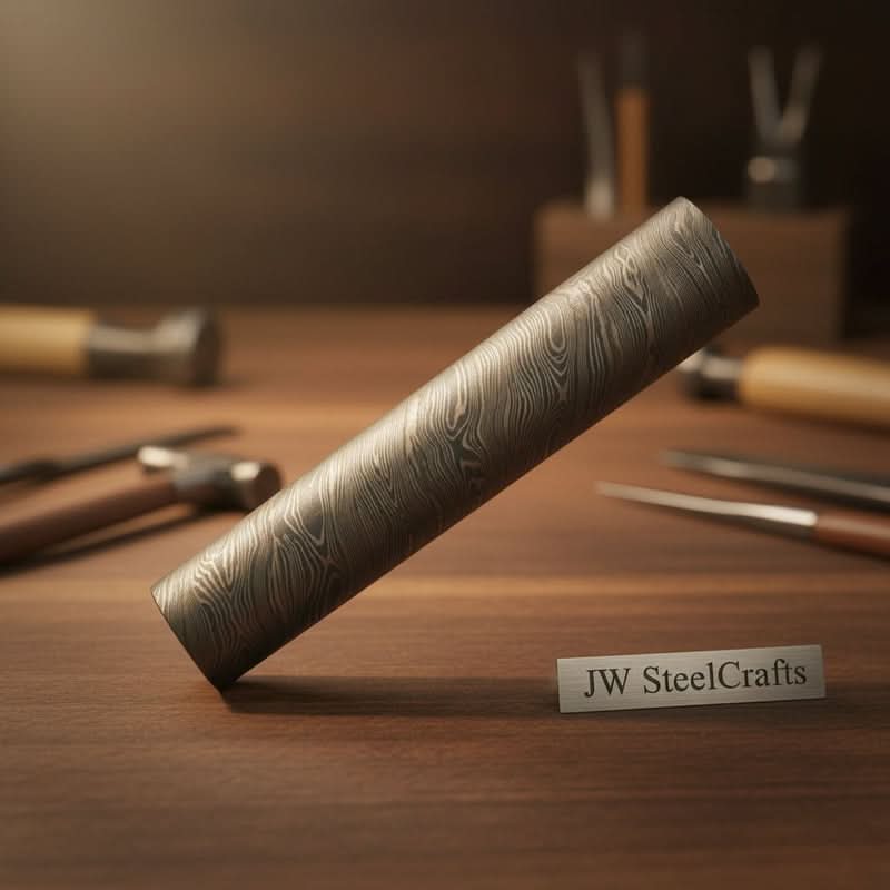 Damascus steel round bar with flowing layered pattern displayed on a wooden workbench with knife making tools in the background