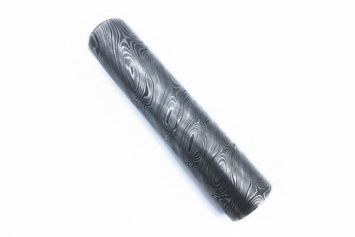 Polished round Damascus steel bar with layered wave pattern used for handmade knife making and custom metal craft projects