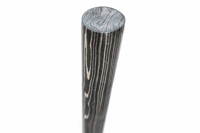 Vertical round Damascus steel bar with flowing layered pattern and polished finish for custom knife making materials and metal craft work