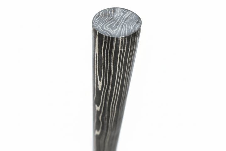 Vertical round Damascus steel bar with flowing layered pattern and polished finish for custom knife making materials and metal craft work