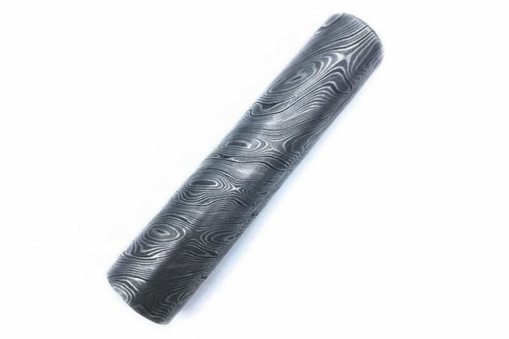 Round Damascus steel stock material with layered swirl pattern finish for custom knife making and metalworking applications