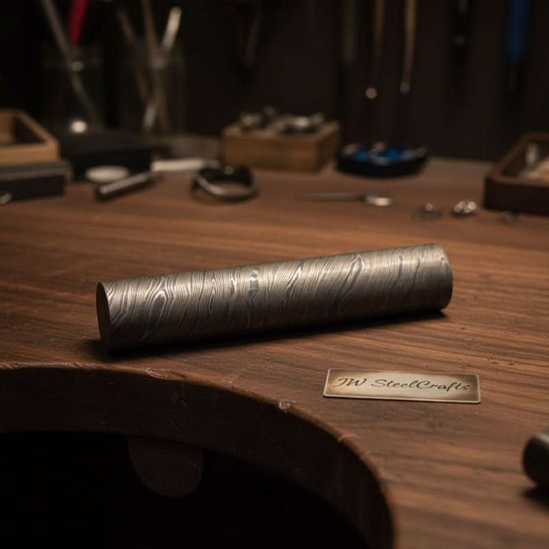 Damascus steel round bar with layered wave pattern displayed on wooden workshop table beside knife making tools and JW SteelCrafts tag