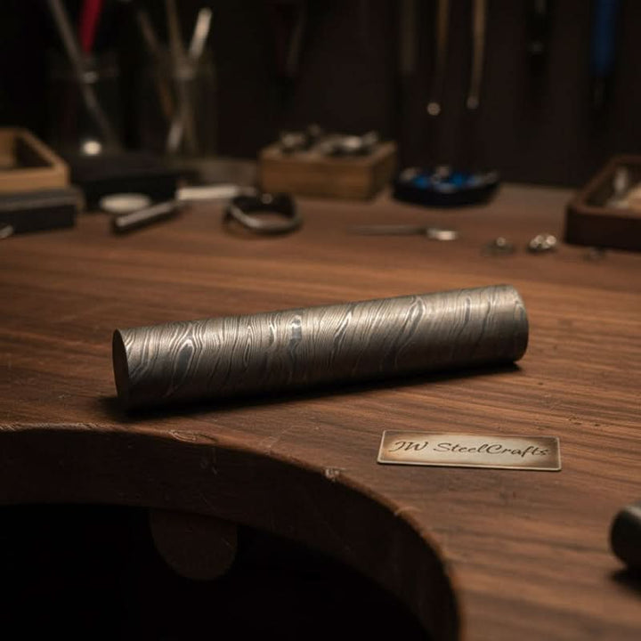 Damascus steel round bar with layered wave pattern displayed on wooden workshop table beside knife making tools and JW SteelCrafts tag