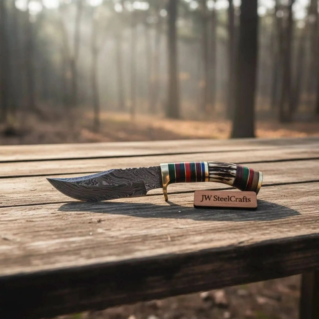 Damascus Steel Skinner Knife Deer Antler Handle Brass Guard Handmade Fixed Blade Hunting Knife handmade Skinner Knife by JW SteelCrafts