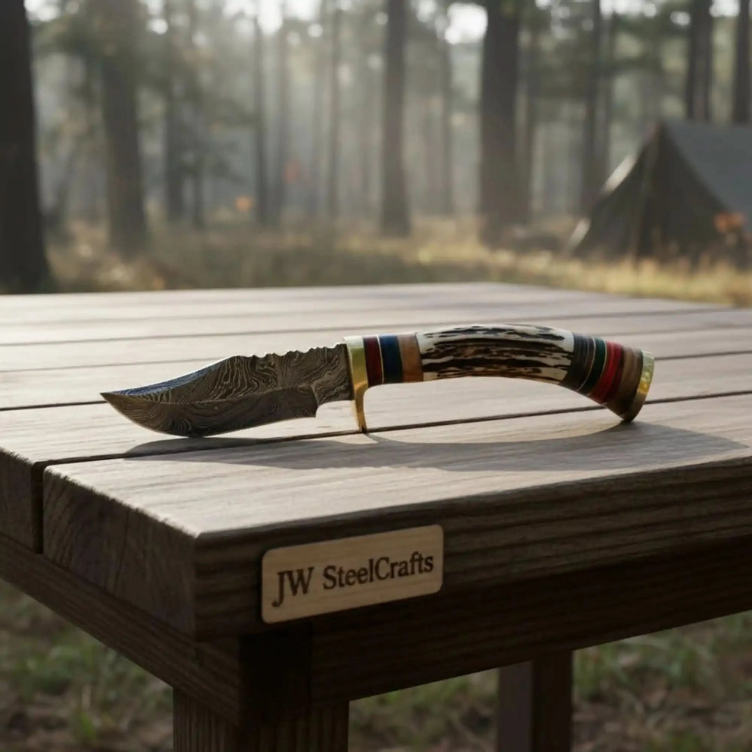 Damascus Steel Skinner Knife Deer Antler Handle Brass Guard Handmade Fixed Blade Hunting Knife handmade Skinner Knife by JW SteelCrafts