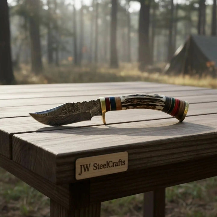 Damascus Steel Skinner Knife Deer Antler Handle Brass Guard Handmade Fixed Blade Hunting Knife handmade Skinner Knife by JW SteelCrafts