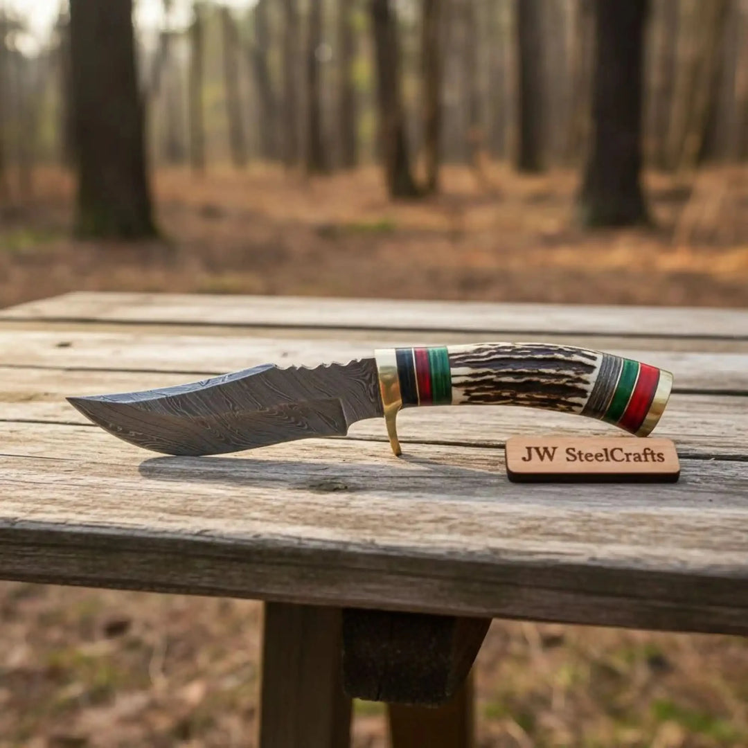 Damascus Steel Skinner Knife Deer Antler Handle Brass Guard Handmade Fixed Blade Hunting Knife handmade Skinner Knife by JW SteelCrafts