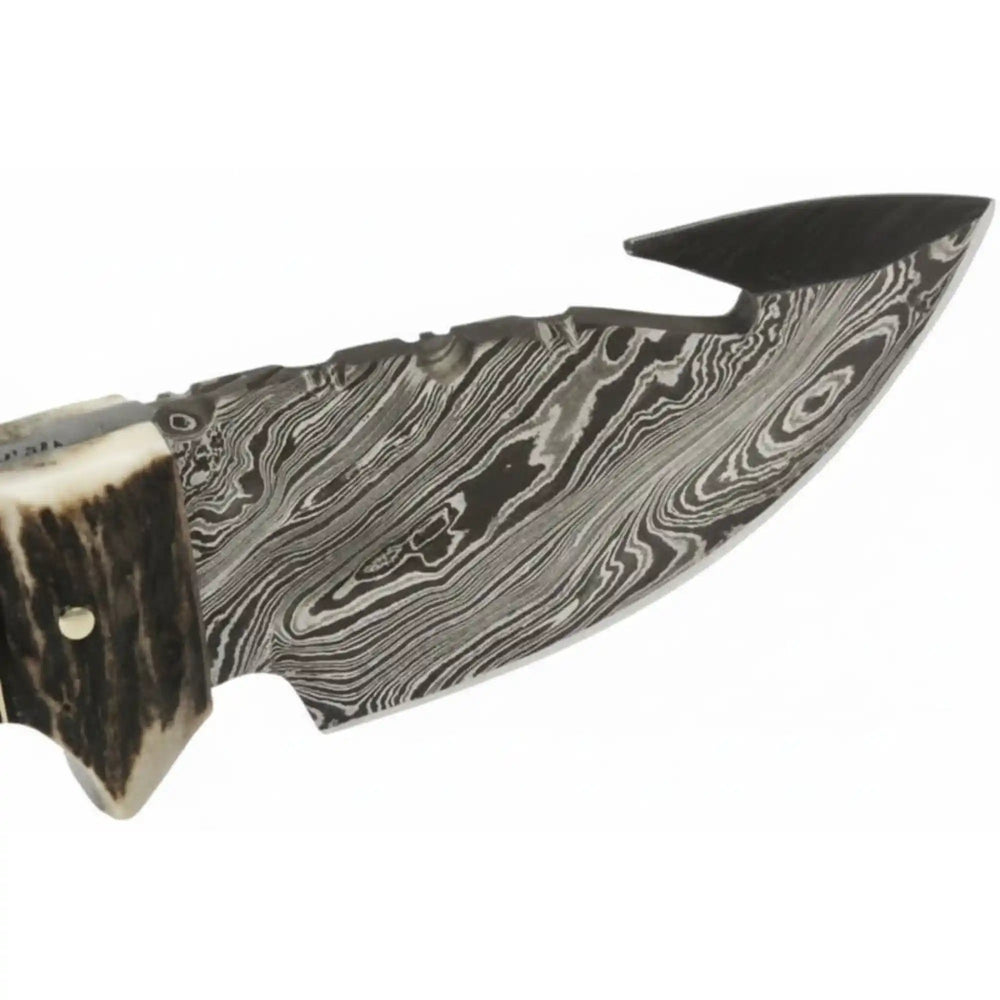 Damascus Steel Skinner Knife w/ Stag Handle and Gut Hook /Hunting Fixed Blade Knife handmade Handmade Gut Hook Knives by JW SteelCrafts