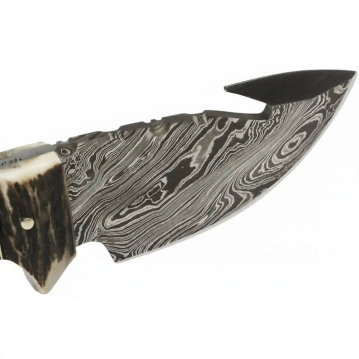 Damascus Steel Skinner Knife w/ Stag Handle and Gut Hook /Hunting Fixed Blade Knife handmade Handmade Gut Hook Knives by JW SteelCrafts