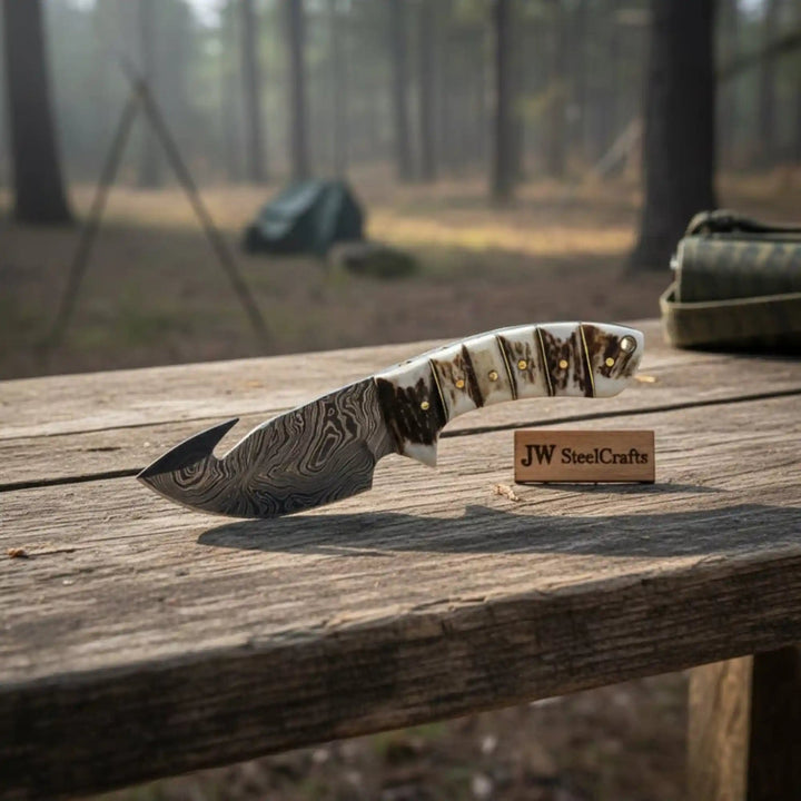 Damascus Steel Skinner Knife w/ Stag Handle and Gut Hook /Hunting Fixed Blade Knife handmade Handmade Gut Hook Knives by JW SteelCrafts