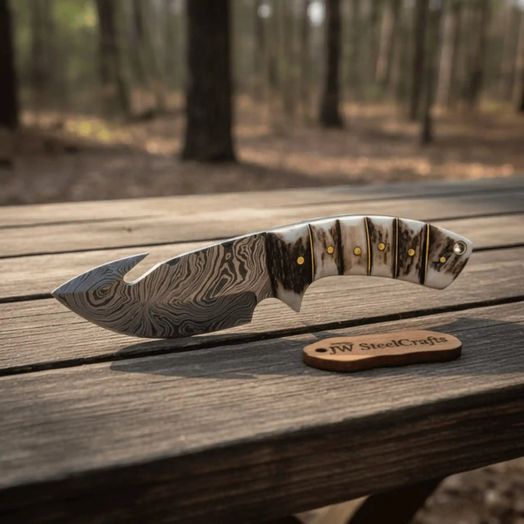 Damascus Steel Skinner Knife w/ Stag Handle and Gut Hook /Hunting Fixed Blade Knife handmade Handmade Gut Hook Knives by JW SteelCrafts