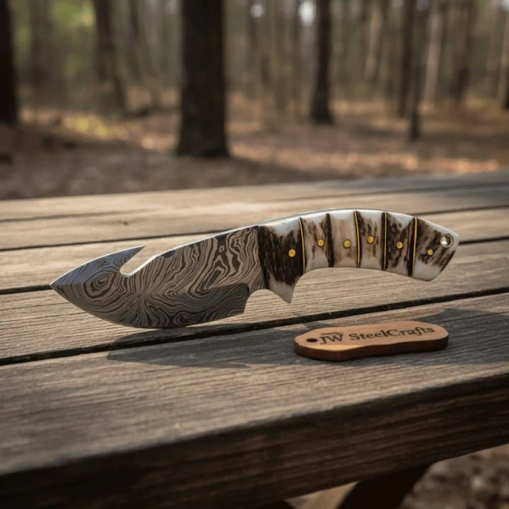 Damascus Steel Skinner Knife w/ Stag Handle and Gut Hook /Hunting Fixed Blade Knife handmade Handmade Gut Hook Knives by JW SteelCrafts