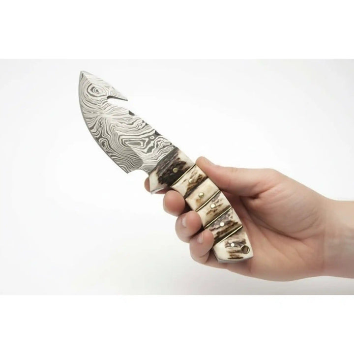 Damascus Steel Skinner Knife w/ Stag Handle and Gut Hook /Hunting Fixed Blade Knife handmade Handmade Gut Hook Knives by JW SteelCrafts