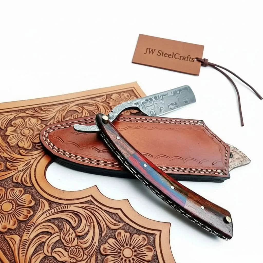 Damascus Steel Straight Barber Razor with Multicolor Wood Handle handmade Damascus Straight Razors by JW SteelCrafts
