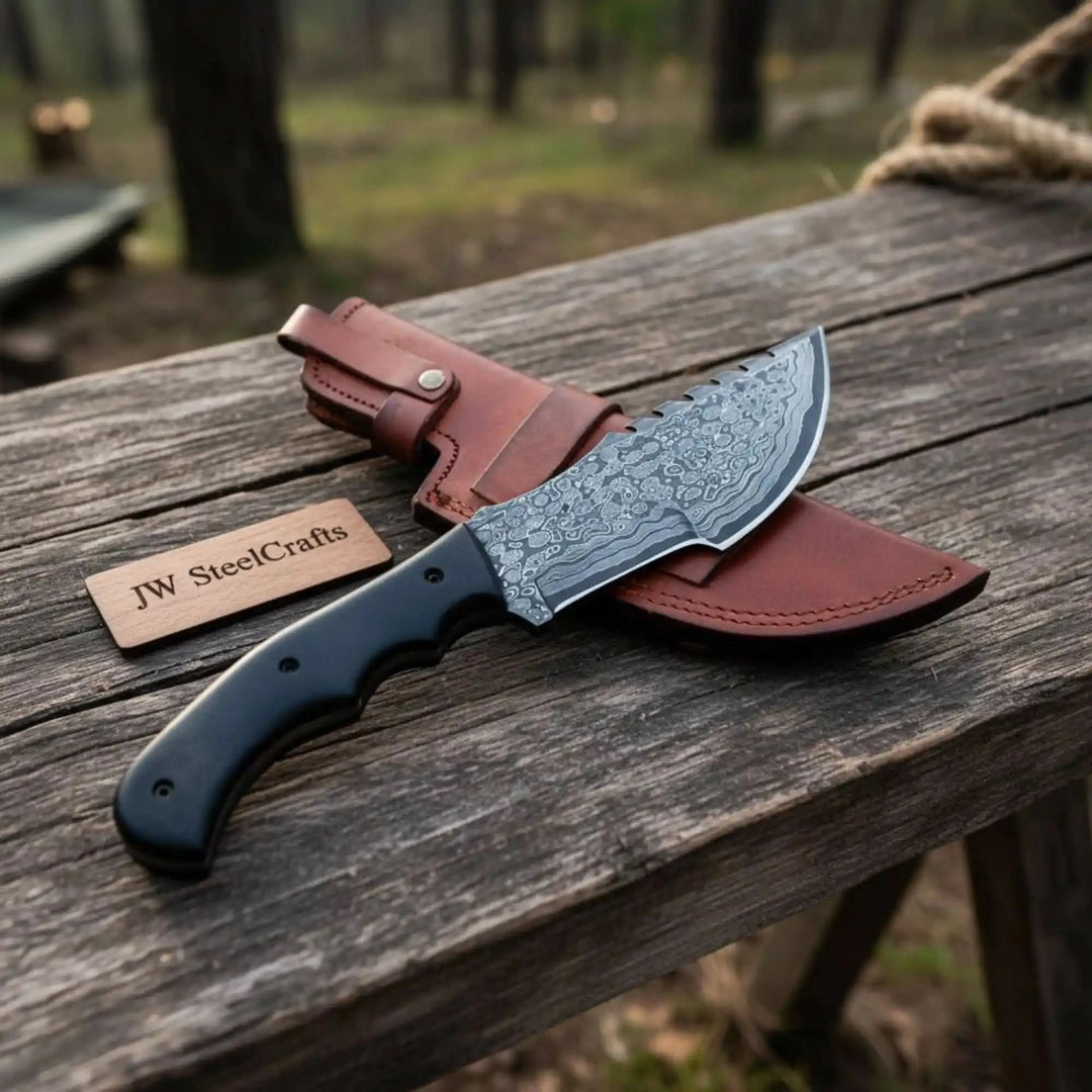 Damascus Steel Tracker Knife with Black Handle – 10 Inch Overall handmade Handmade Tracker Knives by JW SteelCrafts