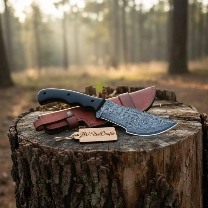 Damascus Steel Tracker Knife with Black Handle – 10 Inch Overall handmade Handmade Tracker Knives by JW SteelCrafts