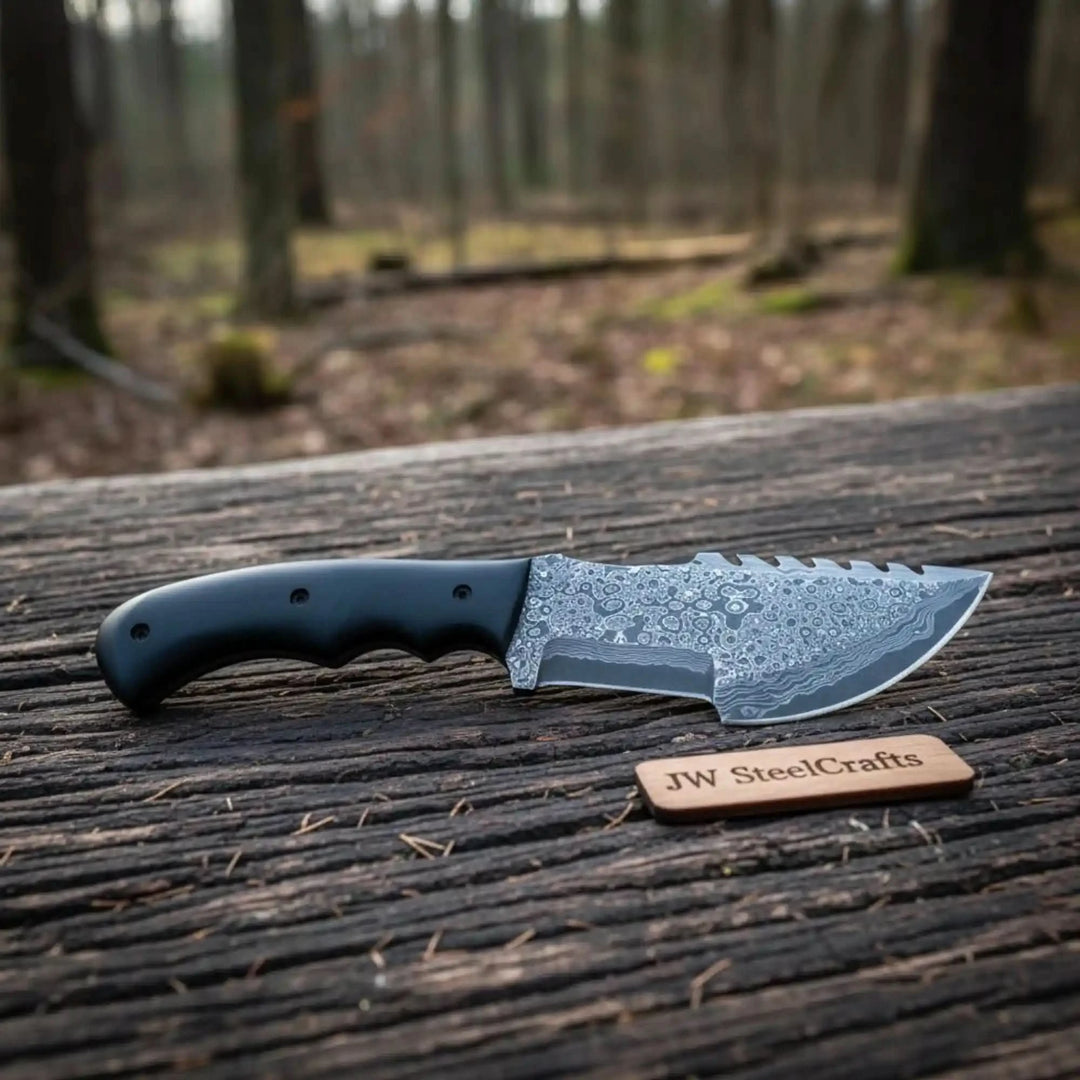 Damascus Steel Tracker Knife with Black Handle – 10 Inch Overall handmade Handmade Tracker Knives by JW SteelCrafts