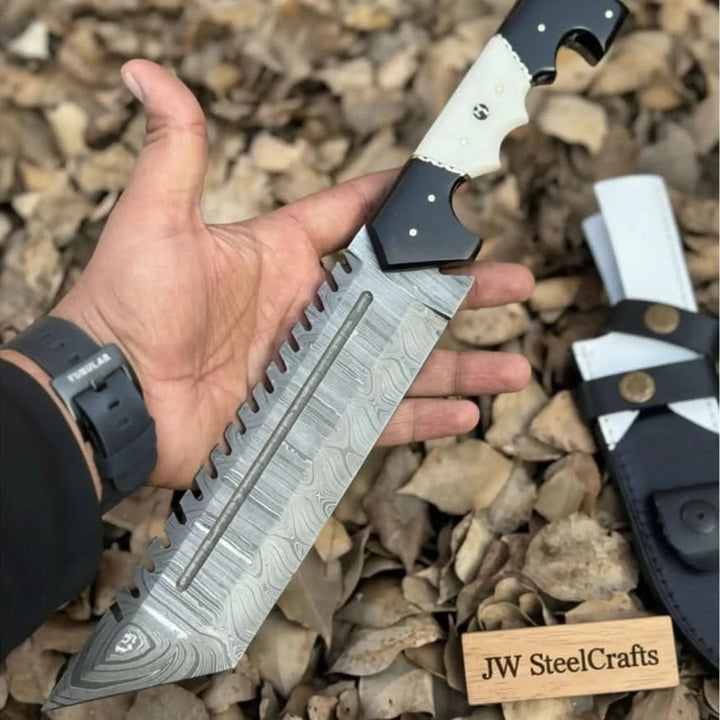 Damascus Steel Tracker Knife with Dual - Tone Bone &amp; Black Handle | Handmade Leather Sheath handmade Handmade Tracker Knives by JW SteelCrafts