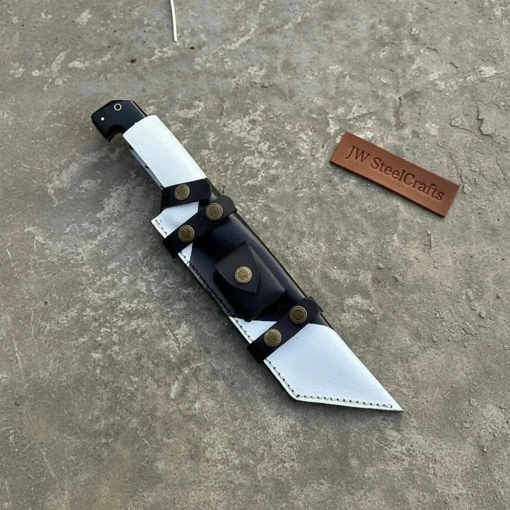 Damascus Steel Tracker Knife with Dual - Tone Bone &amp; Black Handle | Handmade Leather Sheath handmade Handmade Tracker Knives by JW SteelCrafts