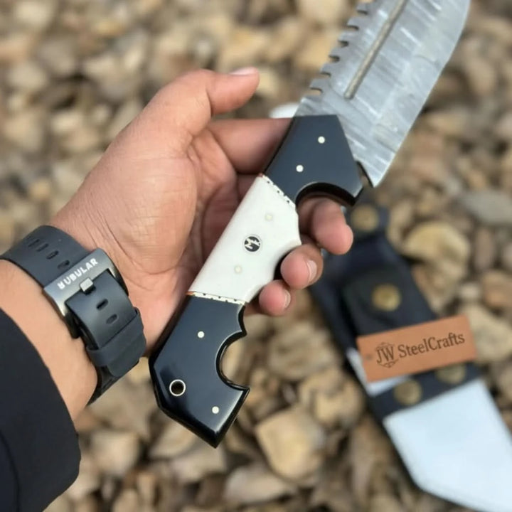 Damascus Steel Tracker Knife with Dual - Tone Bone &amp; Black Handle | Handmade Leather Sheath handmade Handmade Tracker Knives by JW SteelCrafts
