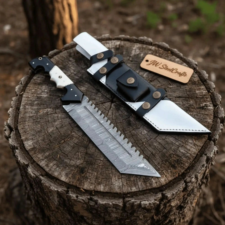 Damascus Steel Tracker Knife with Dual - Tone Bone &amp; Black Handle | Handmade Leather Sheath handmade Handmade Tracker Knives by JW SteelCrafts