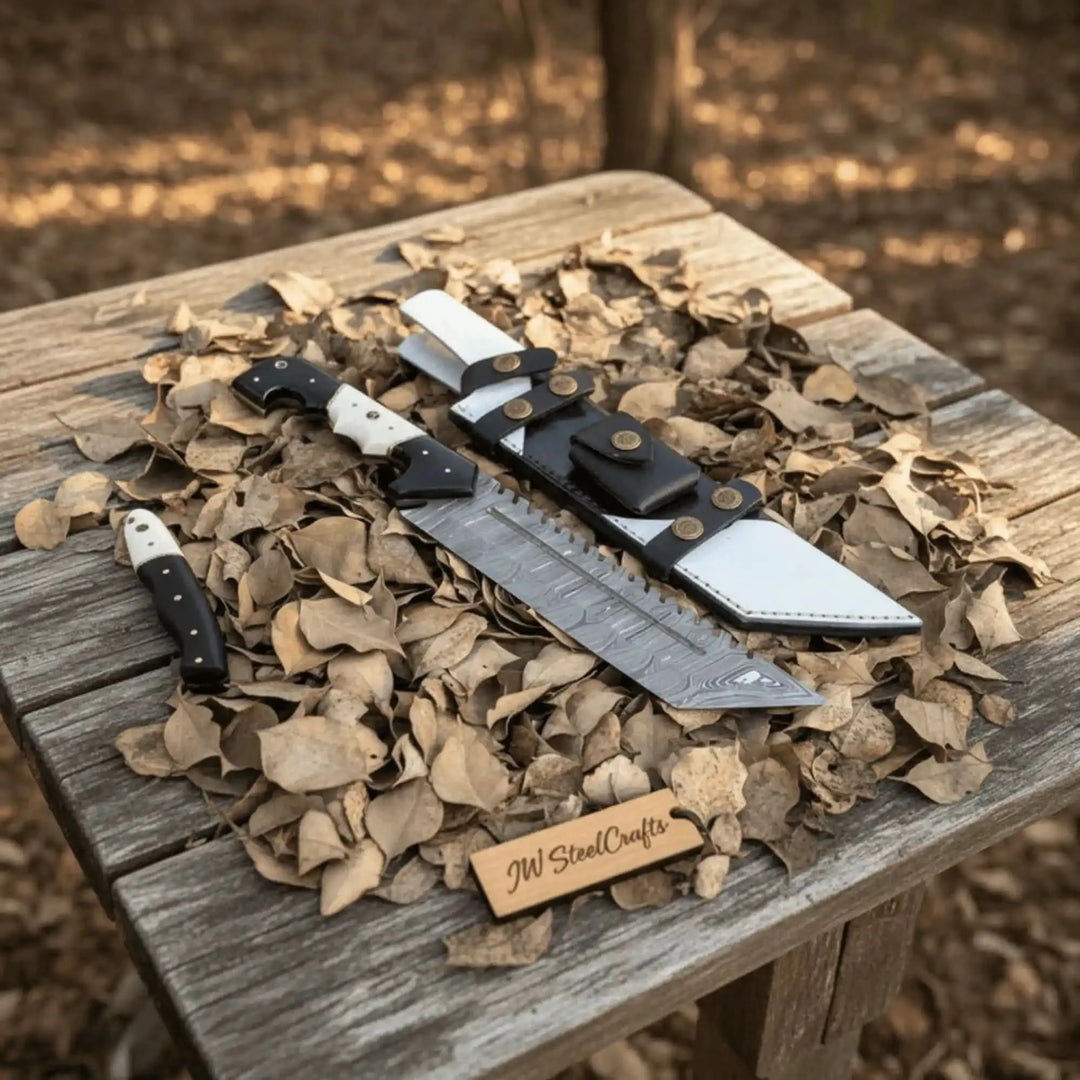 Damascus Steel Tracker Knife with Dual - Tone Bone &amp; Black Handle | Handmade Leather Sheath handmade Handmade Tracker Knives by JW SteelCrafts
