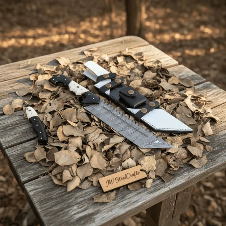 Damascus Steel Tracker Knife with Dual - Tone Bone &amp; Black Handle | Handmade Leather Sheath handmade Handmade Tracker Knives by JW SteelCrafts