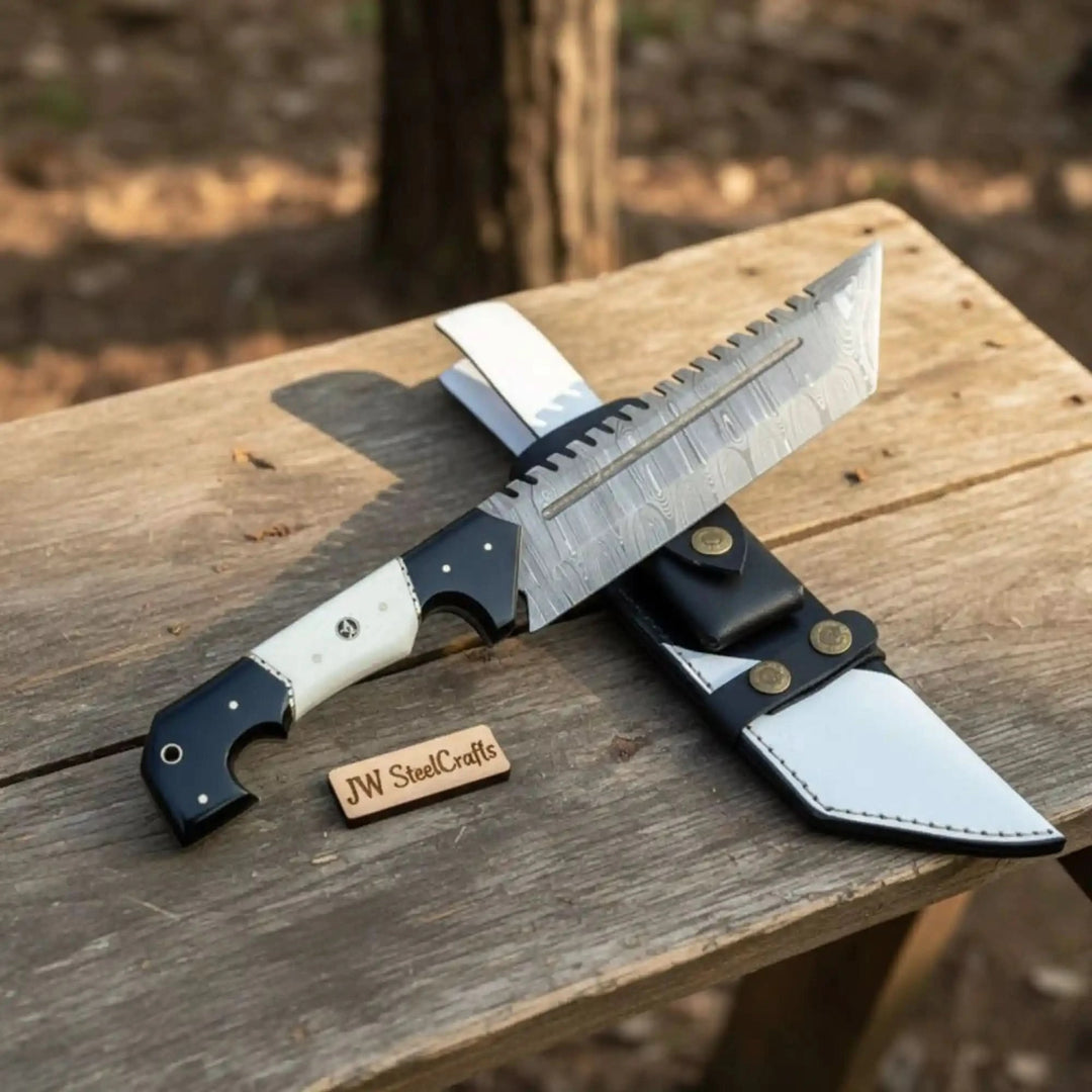 Damascus Steel Tracker Knife with Dual - Tone Bone &amp; Black Handle | Handmade Leather Sheath handmade Handmade Tracker Knives by JW SteelCrafts