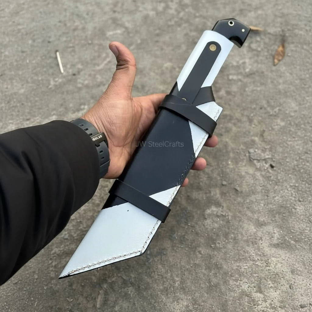 Damascus Steel Tracker Knife with Dual - Tone Bone &amp; Black Handle | Handmade Leather Sheath handmade Handmade Tracker Knives by JW SteelCrafts