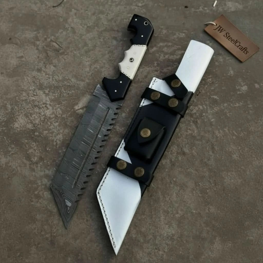 Damascus Steel Tracker Knife with Dual - Tone Bone &amp; Black Handle | Handmade Leather Sheath handmade Handmade Tracker Knives by JW SteelCrafts