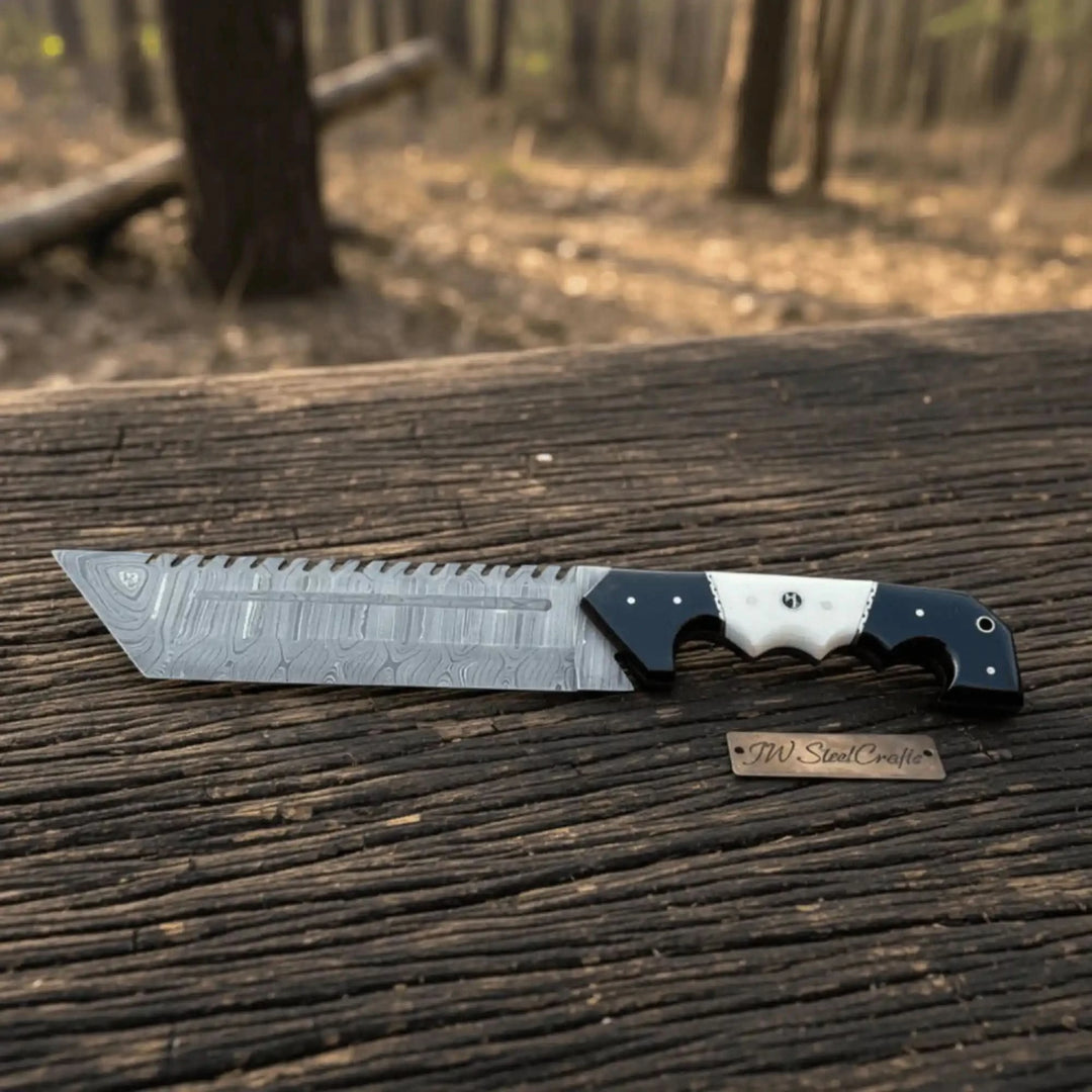 Damascus Steel Tracker Knife with Dual - Tone Bone &amp; Black Handle | Handmade Leather Sheath handmade Handmade Tracker Knives by JW SteelCrafts