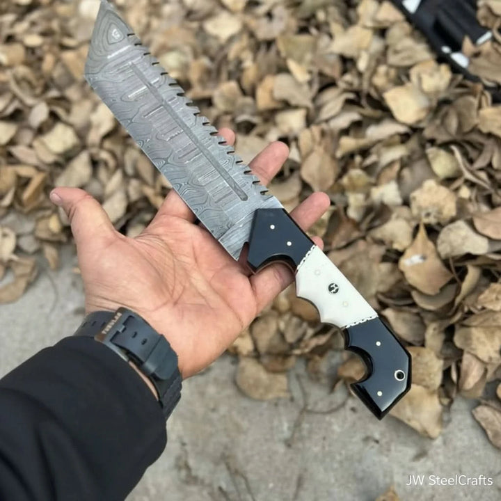 Damascus Steel Tracker Knife with Dual - Tone Bone &amp; Black Handle | Handmade Leather Sheath handmade Handmade Tracker Knives by JW SteelCrafts