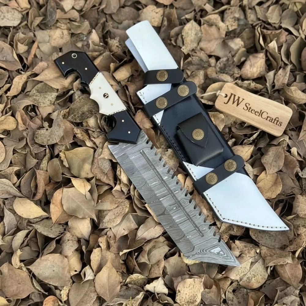 Damascus Steel Tracker Knife with Dual - Tone Bone & Black Handle | Handmade Leather Sheath handmade Handmade Tracker Knives by JW SteelCrafts