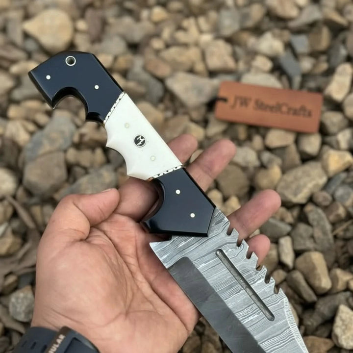 Damascus Steel Tracker Knife with Dual - Tone Bone &amp; Black Handle | Handmade Leather Sheath handmade Handmade Tracker Knives by JW SteelCrafts
