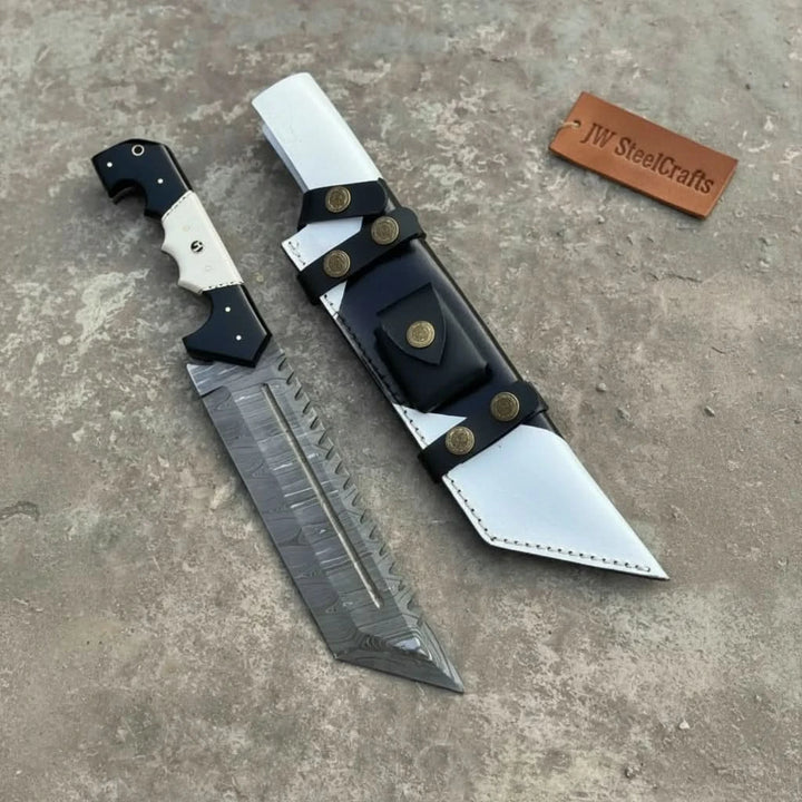 Damascus Steel Tracker Knife with Dual - Tone Bone &amp; Black Handle | Handmade Leather Sheath handmade Handmade Tracker Knives by JW SteelCrafts