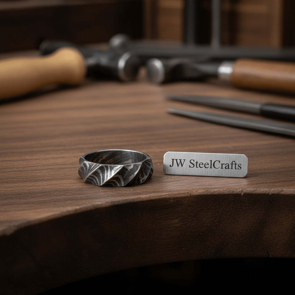 Damascus Steel Tumbled Rock Twist Men Ring, Made Wedding Engagement DE - 006 handmade Ring by JW SteelCrafts