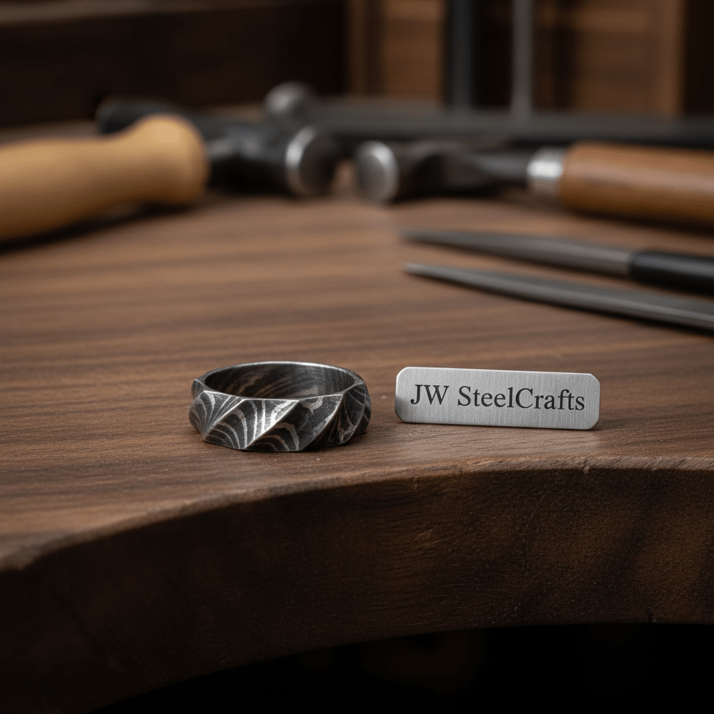 Damascus Steel Tumbled Rock Twist Men Ring, Made Wedding Engagement DE - 006 handmade Ring by JW SteelCrafts