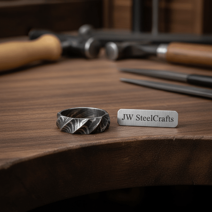 Damascus Steel Tumbled Rock Twist Men Ring, Made Wedding Engagement DE - 006 handmade Ring by JW SteelCrafts