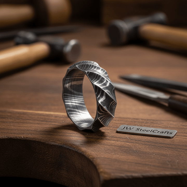 Damascus Steel Tumbled Rock Twist Men Ring, Made Wedding Engagement DE - 006 handmade Ring by JW SteelCrafts