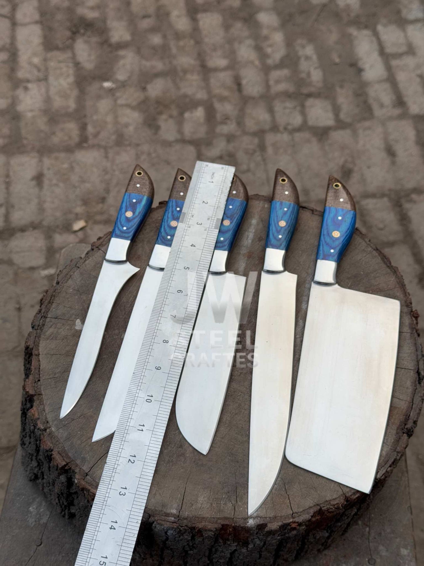 Handmade Damascus Kitchen Knife Set – 5 Piece Chef & Butcher Collection with Blue & Wood Handles