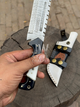 Load image into Gallery viewer, Handmade Damascus Tanto Knife with black and white handle – JW SteelCrafts