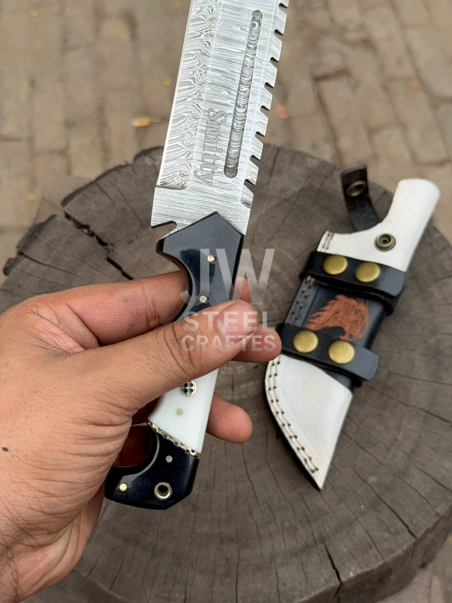 Handmade Damascus Tanto Knife – Black & White Handle with Wolf engraved Leather Sheath