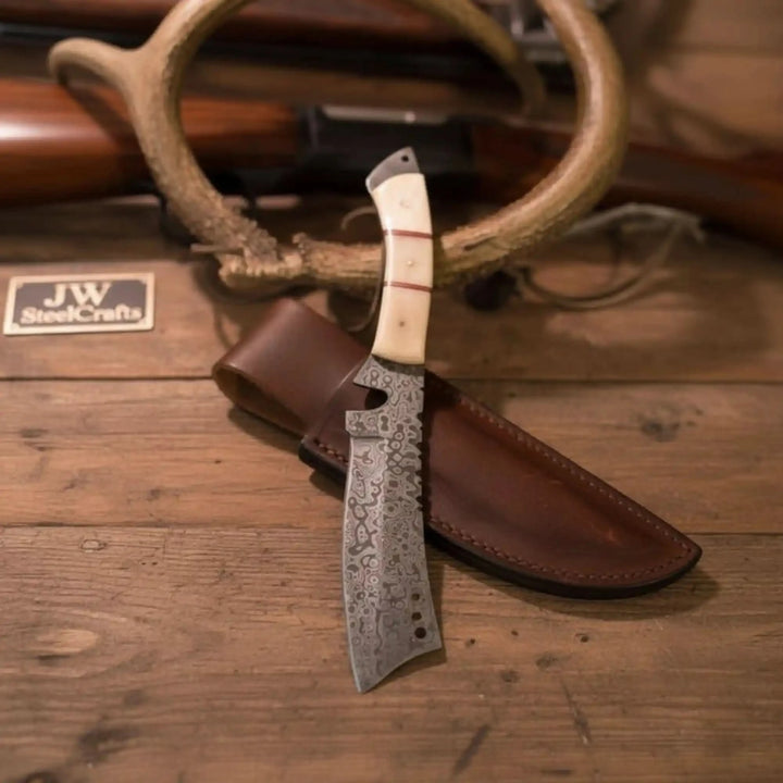 Damascus Tanto Trailing Point Hunting Knife Bone Handle 12 Inch Handmade Leather Sheath handmade Tanto Knife by JW SteelCrafts