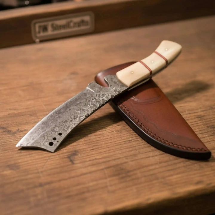 Damascus Tanto Trailing Point Hunting Knife Bone Handle 12 Inch Handmade Leather Sheath handmade Tanto Knife by JW SteelCrafts