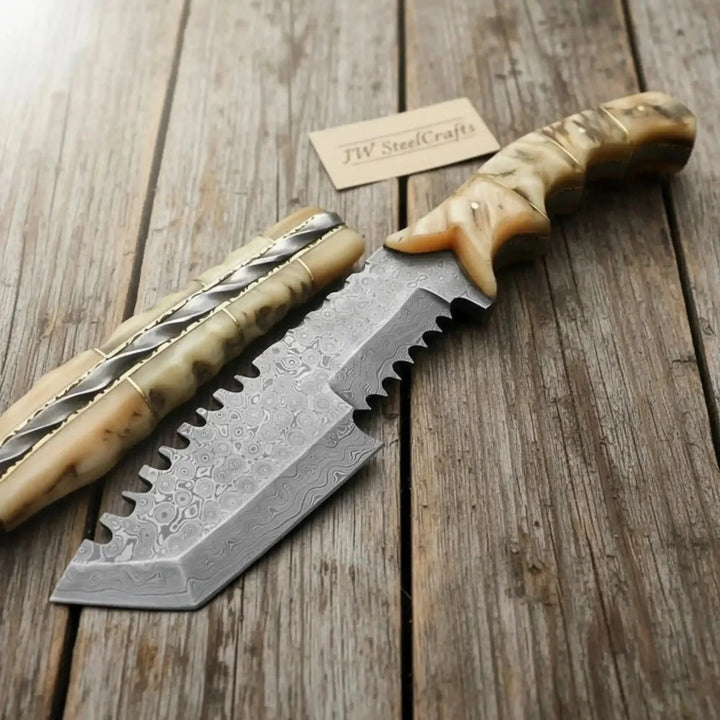 Damascus Tracker Knife With Ram Horn Handle Decorative Knife With Wooden Handle On A Wooden Surface
