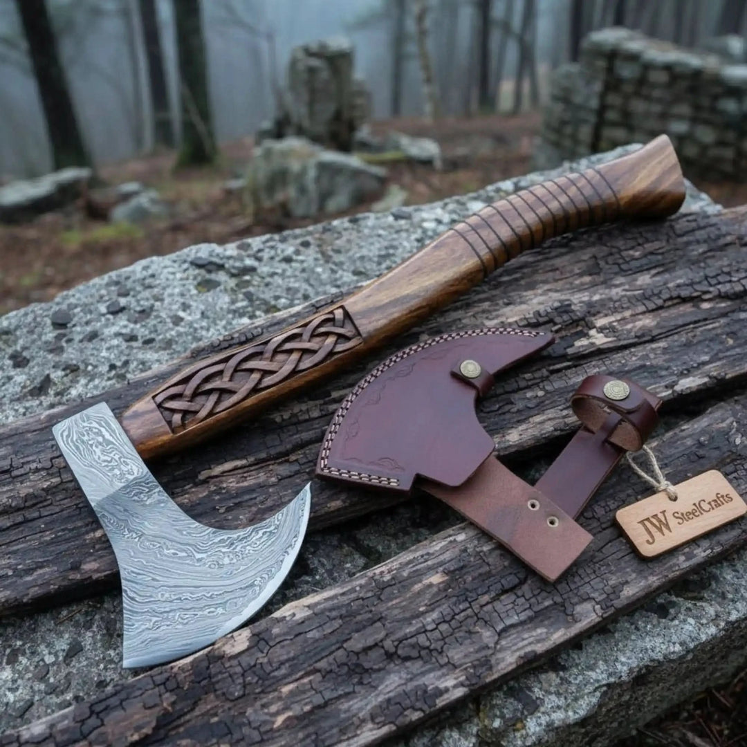 Handcrafted Damascus Viking axe with carved wooden handle and leather sheath displayed on rustic burnt timber in a misty forest setting 