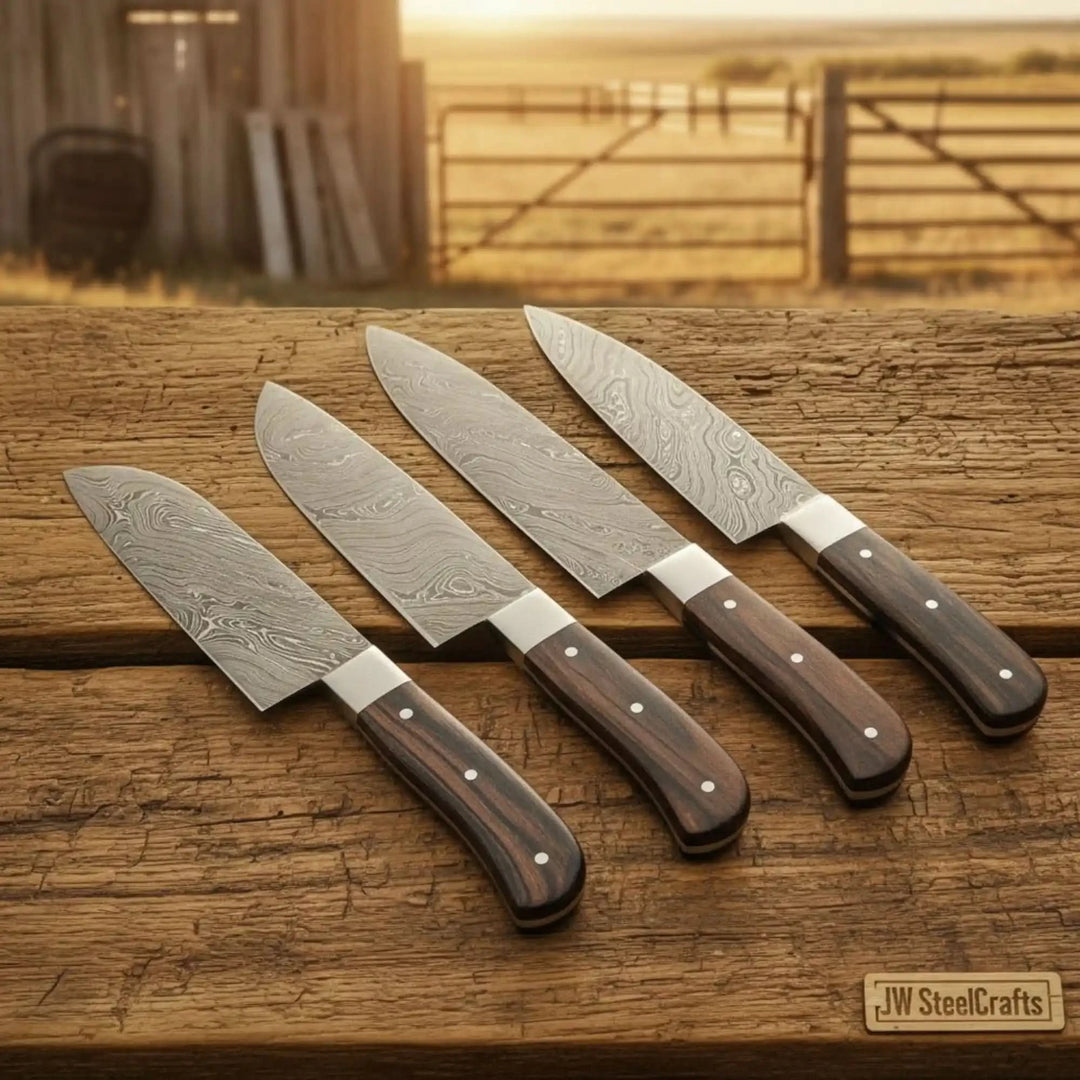 Handmade Damascus kitchen knives featuring layered steel textures and polished ergonomic wood grips.