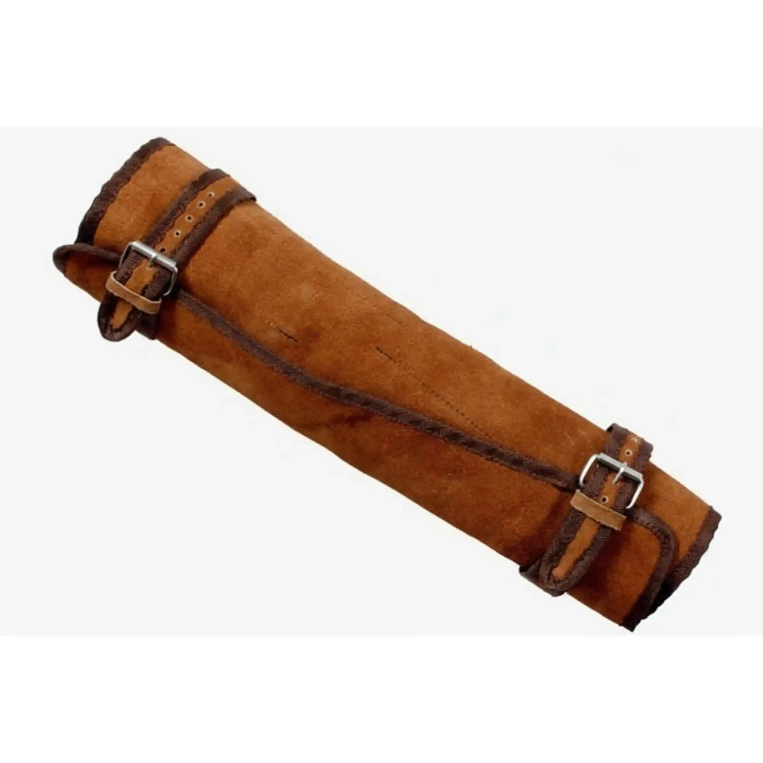 Durable culinary storage case featuring rolled cylindrical profile and secure adjustable leather straps.