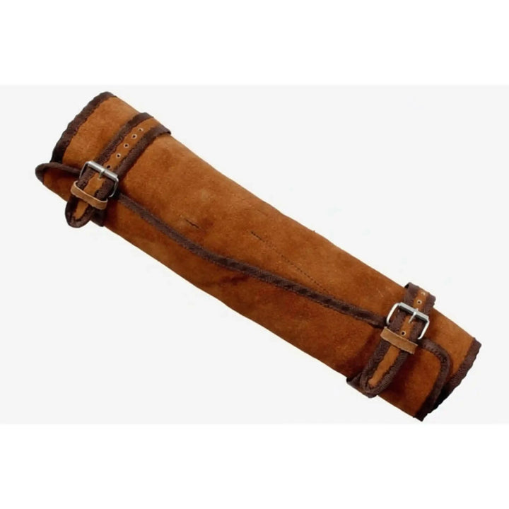 Durable culinary storage case featuring rolled cylindrical profile and secure adjustable leather straps.